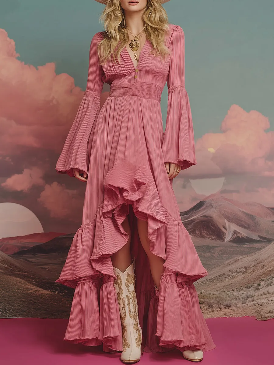 High-fashion V-neck Irregular Ruffle Hem And Flared Sleeves Pink Maxi Dress sold by Oyrosy