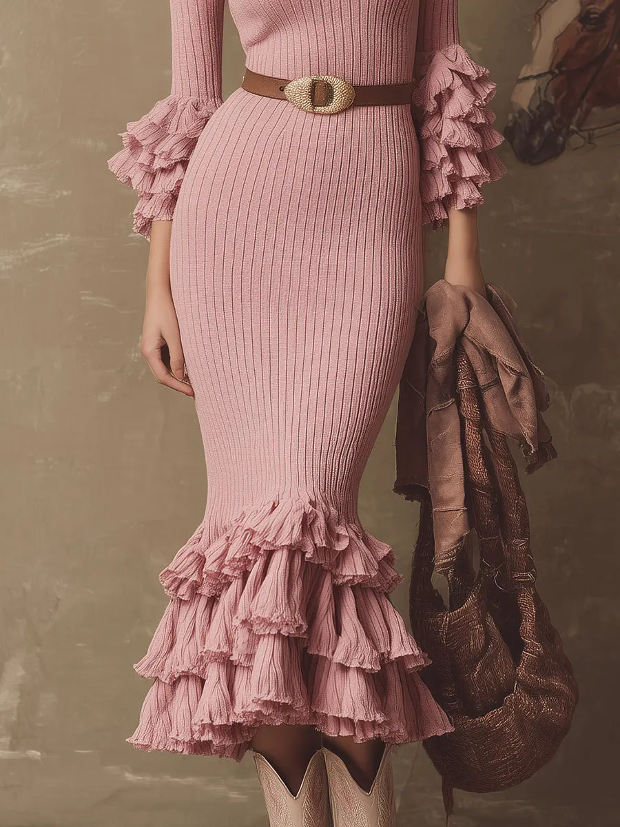 Retro Elegant Pink Ruffled Fitted Knit Midi Dress sold by Oyrosy product image thumbnail 4