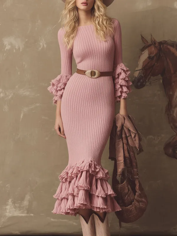 Retro Elegant Pink Ruffled Fitted Knit Midi Dress sold by Oyrosy