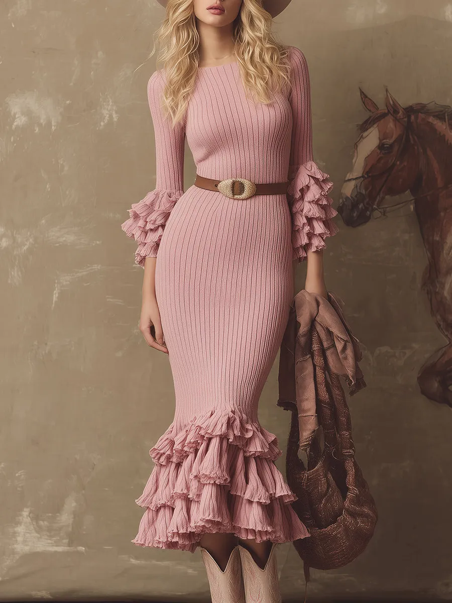 Retro Elegant Pink Ruffled Fitted Knit Midi Dress sold by Oyrosy