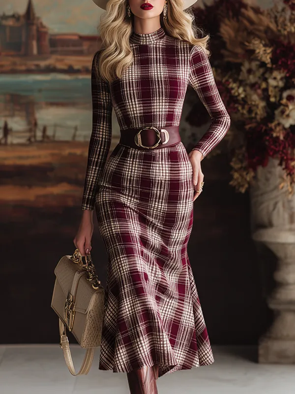 Retro-chic Plaid Long-sleeved Midi Dress sold by Oyrosy
