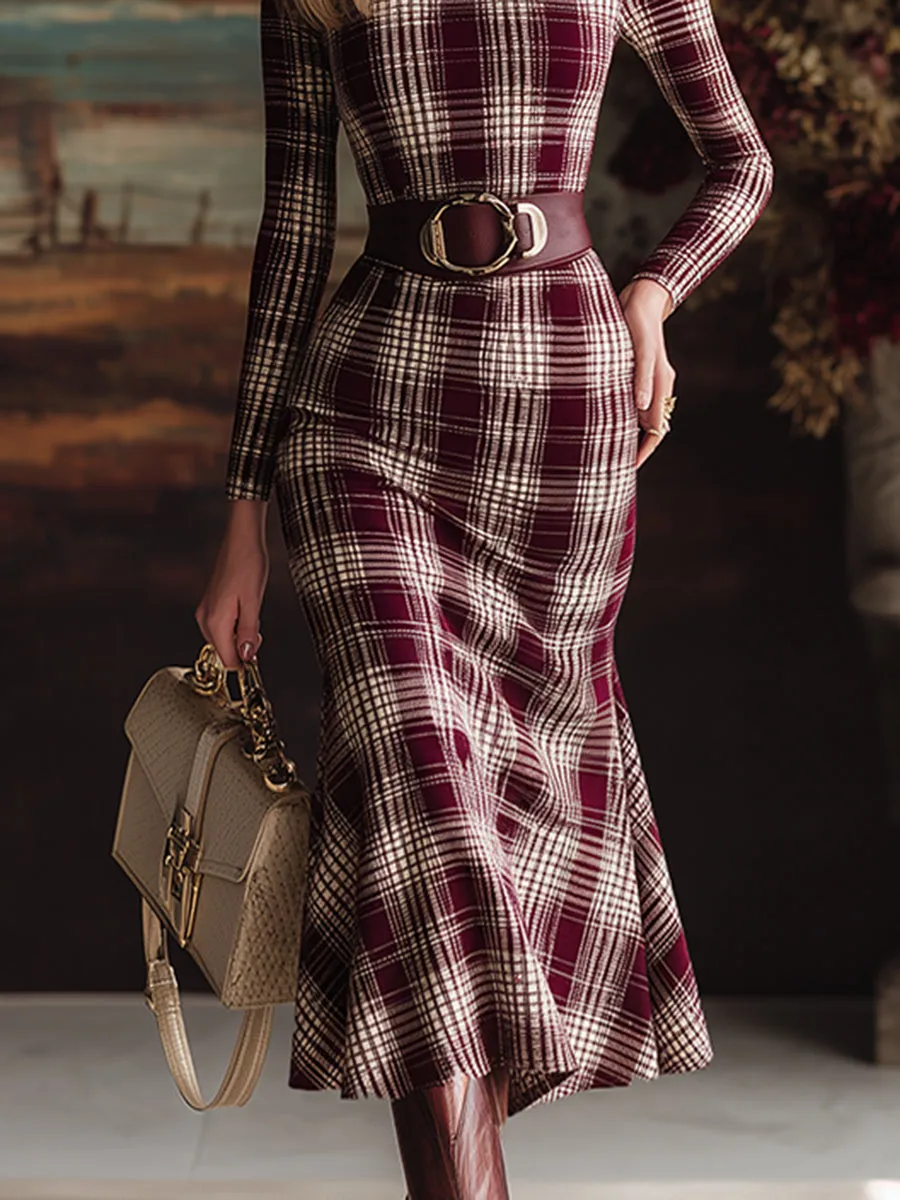 Retro-chic Plaid Long-sleeved Midi Dress sold by Oyrosy product image thumbnail 4