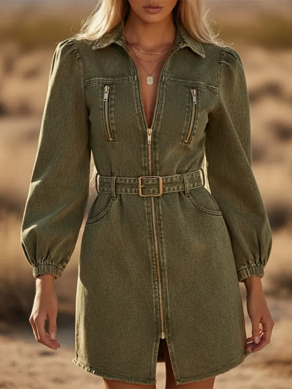 Trendy Western-style Front Zipper Green Denim Mini Dress sold by Oyrosy