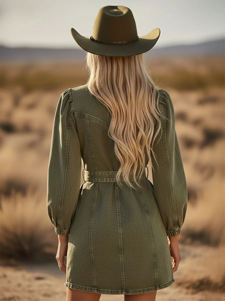 Trendy Western-style Front Zipper Green Denim Mini Dress sold by Oyrosy product image thumbnail 2