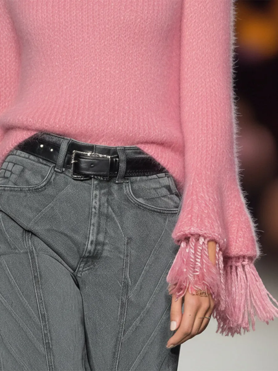 Retro Pink Knitted Bell-sleeve Brushed Pullover Sweater sold by Oyrosy product image thumbnail 3