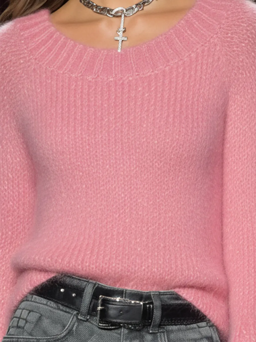 Retro Pink Knitted Bell-sleeve Brushed Pullover Sweater sold by Oyrosy product image thumbnail 4