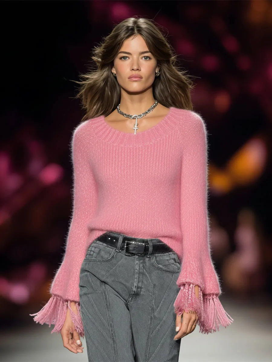 Retro Pink Knitted Bell-sleeve Brushed Pullover Sweater sold by Oyrosy product image thumbnail 2