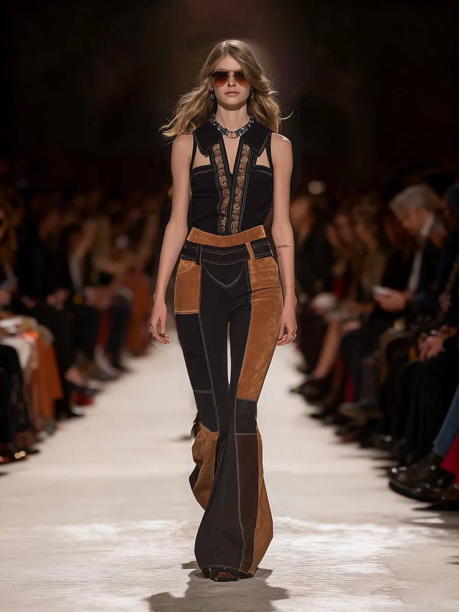 Retro Western Style Faux Suede Brown And Black Patchwork Flared Pants sold by Oyrosy product image thumbnail 2