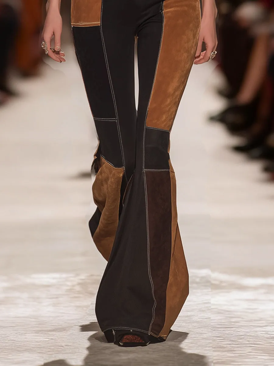 Retro Western Style Faux Suede Brown And Black Patchwork Flared Pants sold by Oyrosy product image thumbnail 4