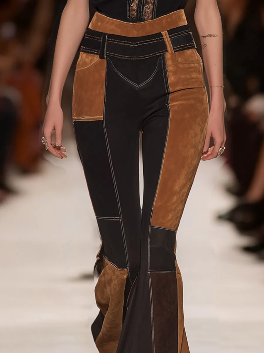 Retro Western Style Faux Suede Brown And Black Patchwork Flared Pants sold by Oyrosy product image thumbnail 3
