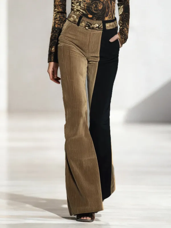 Retro Western Style Khaki And Black Patchwork Corduroy Flared Pants sold by Oyrosy