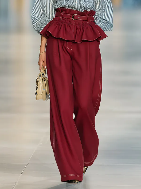 Retro-chic Red Cotton Ruffled Waist Wide-leg Pants sold by Oyrosy
