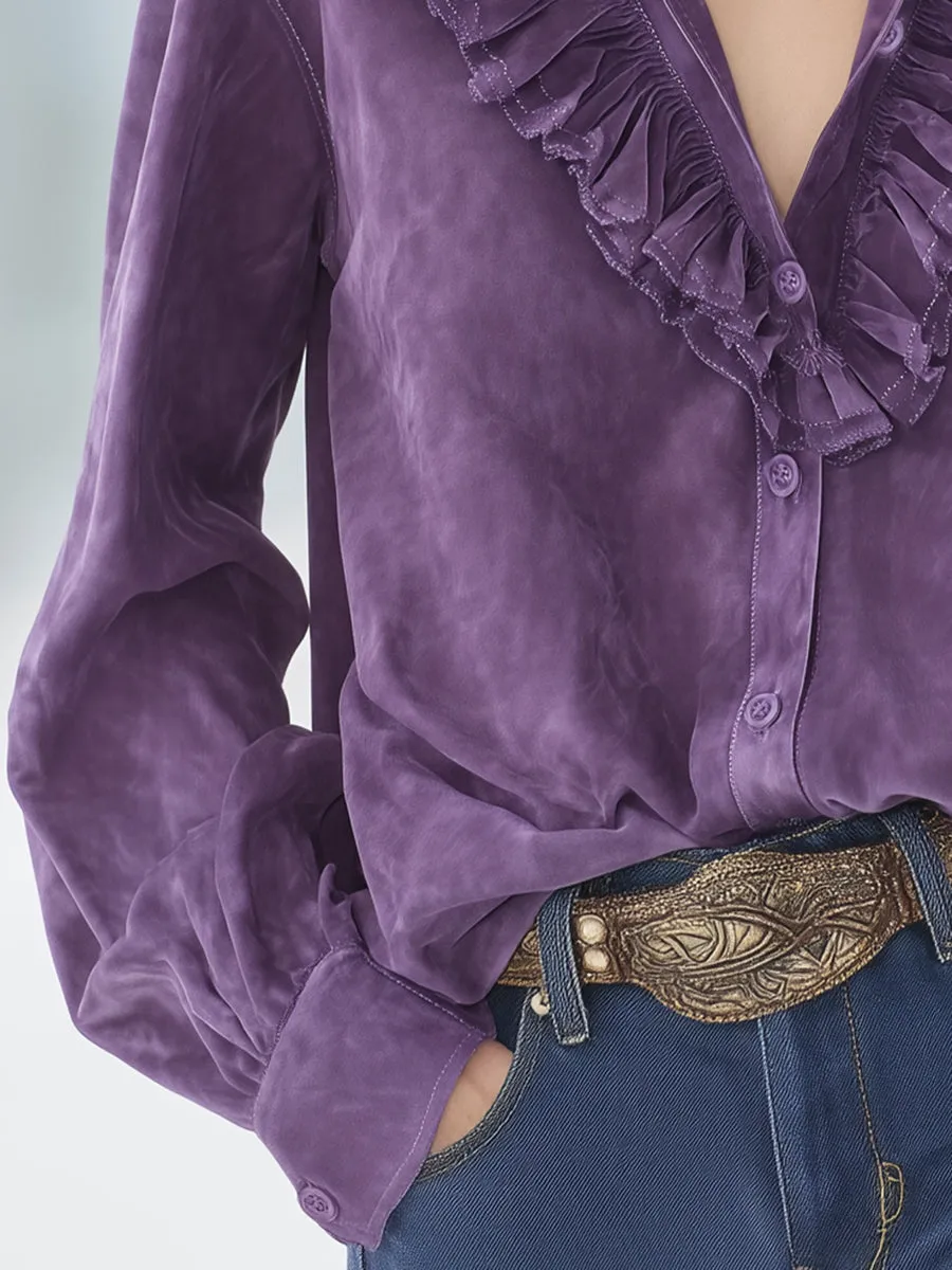 Retro-style Loose-fitting Ruffle Trim Purple Faux Suede Shirt sold by Oyrosy product image thumbnail 4
