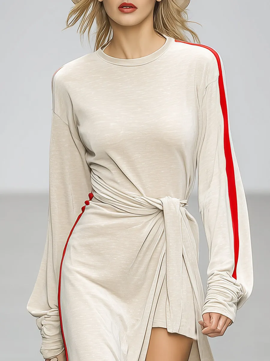 Casual And Stylish Red Trim Beige Sporty Maxi Dress sold by Oyrosy product image thumbnail 3