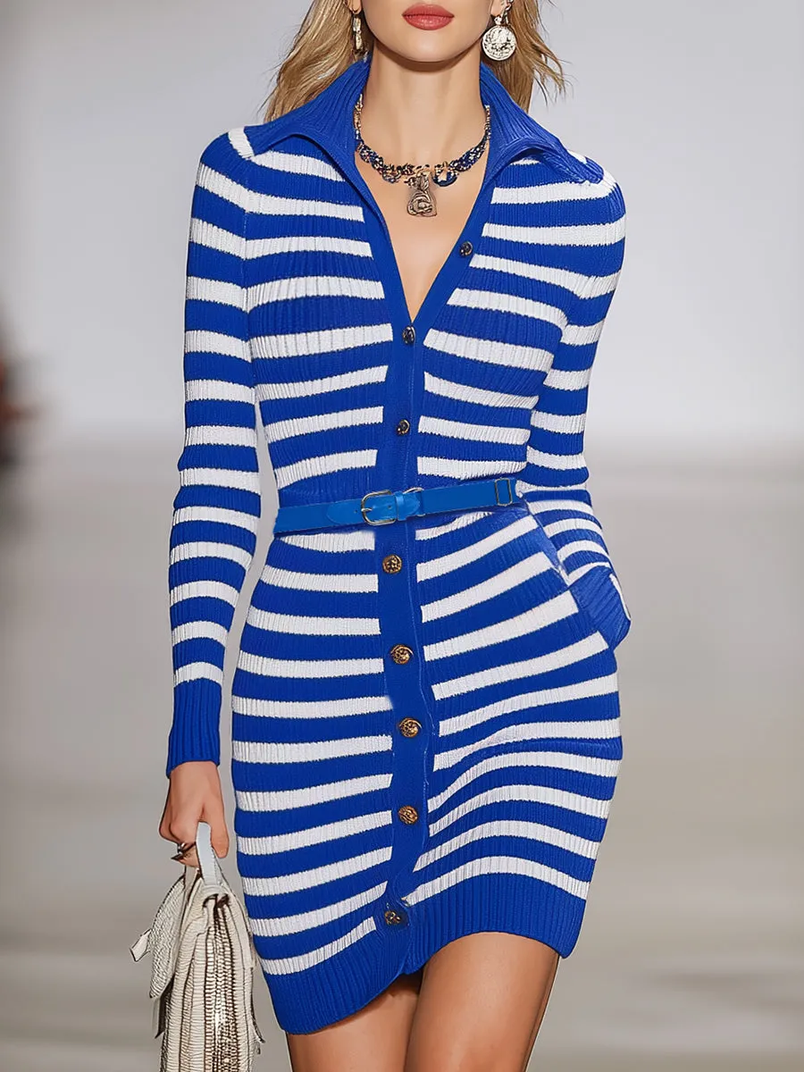 Casual And Stylish Blue And White Striped Button-down Knit Mini Dress sold by Oyrosy