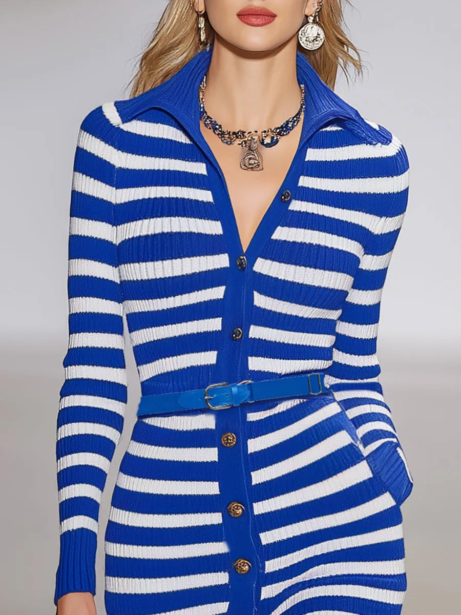 Casual And Stylish Blue And White Striped Button-down Knit Mini Dress sold by Oyrosy product image thumbnail 3
