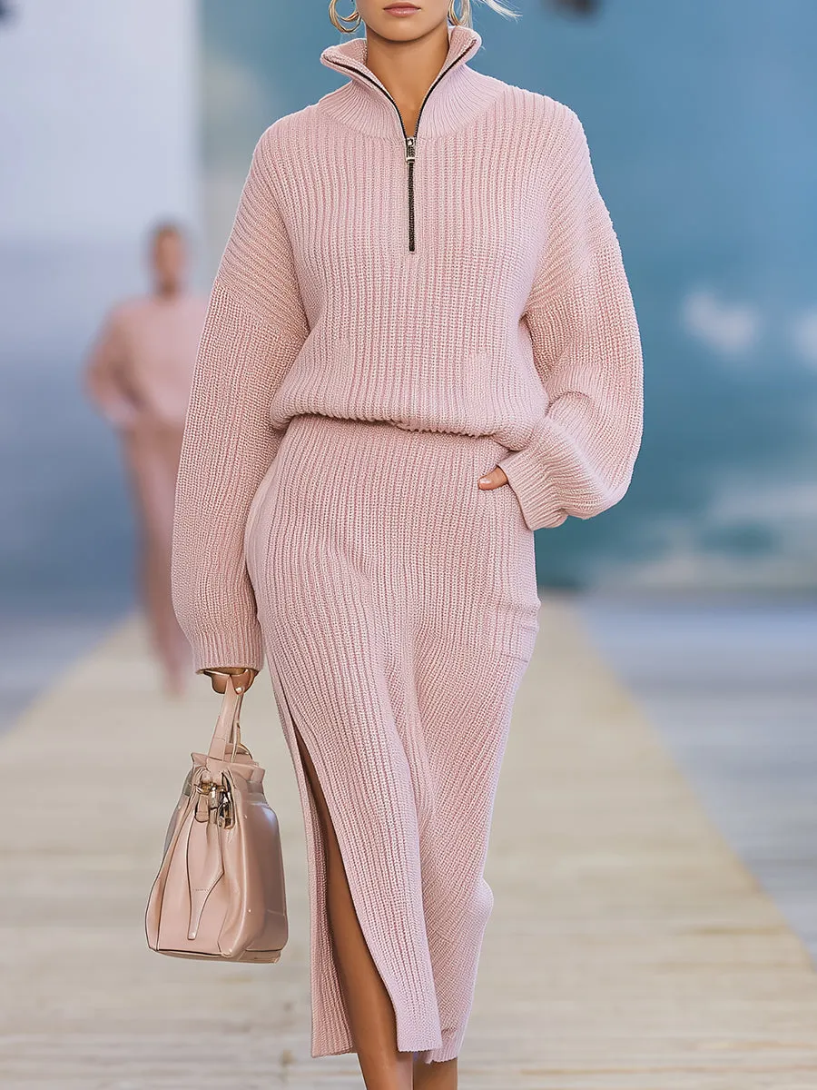Casual And Stylish Stand-up Collar Pink Knitted Slit Midi Dress sold by Oyrosy