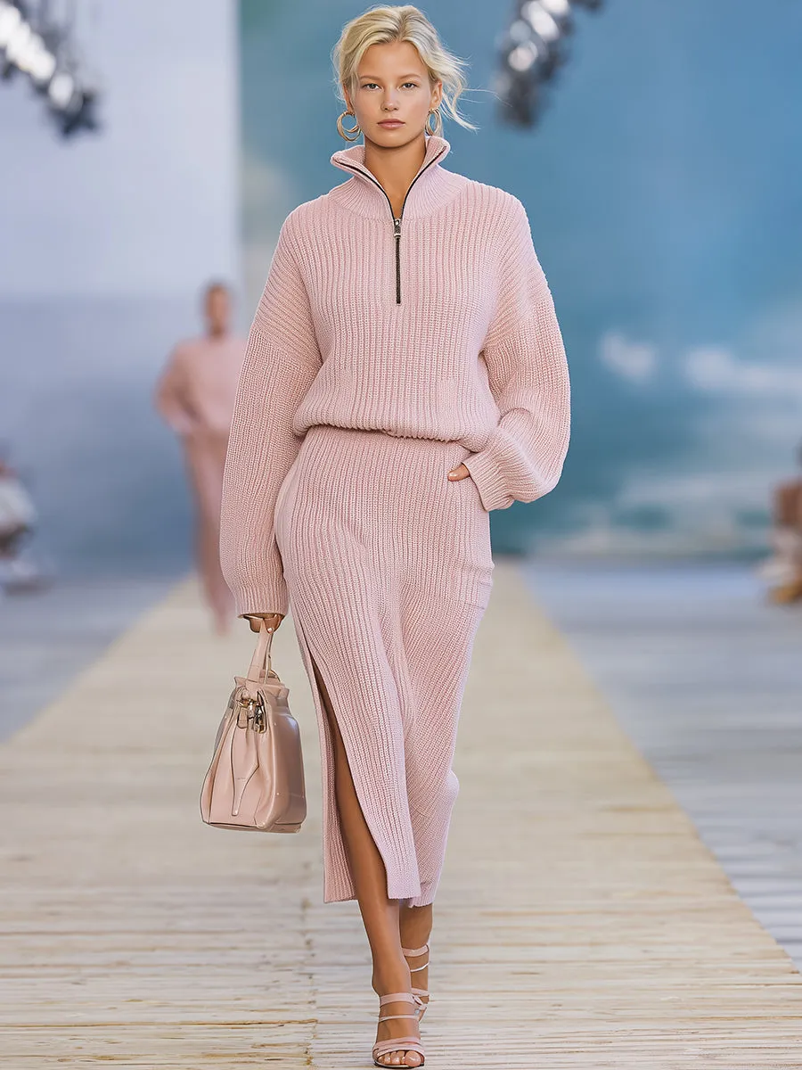 Casual And Stylish Stand-up Collar Pink Knitted Slit Midi Dress sold by Oyrosy product image thumbnail 2