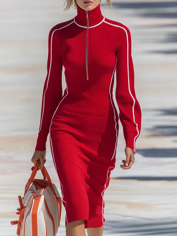 Stylish And Casual White-trimmed Turtleneck Zip-up Red Knit Midi Dress sold by Oyrosy