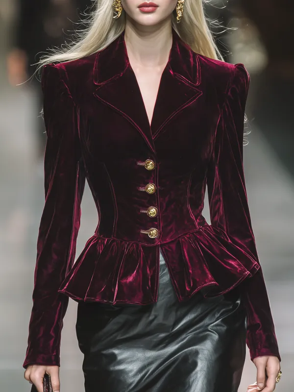 Elegant Retro Ruffled Single-breasted Velvet Blazer sold by Oyrosy
