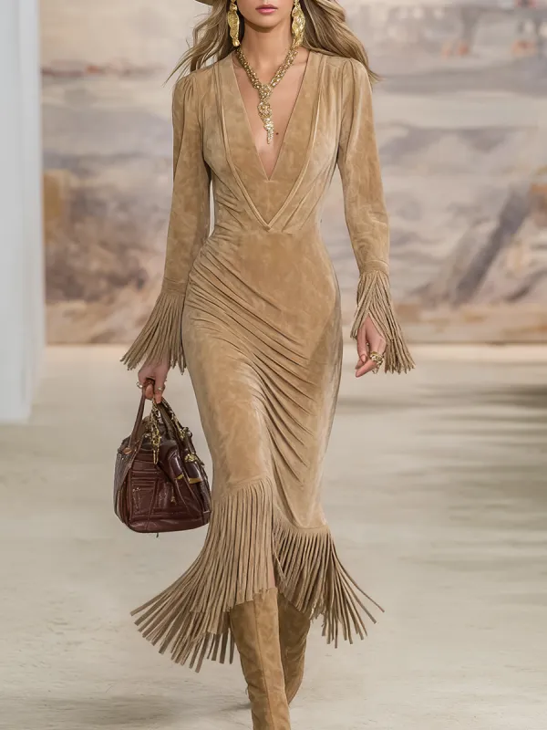 Retro Western Style V-neck Fringed Faux Suede Maxi Dress sold by Oyrosy