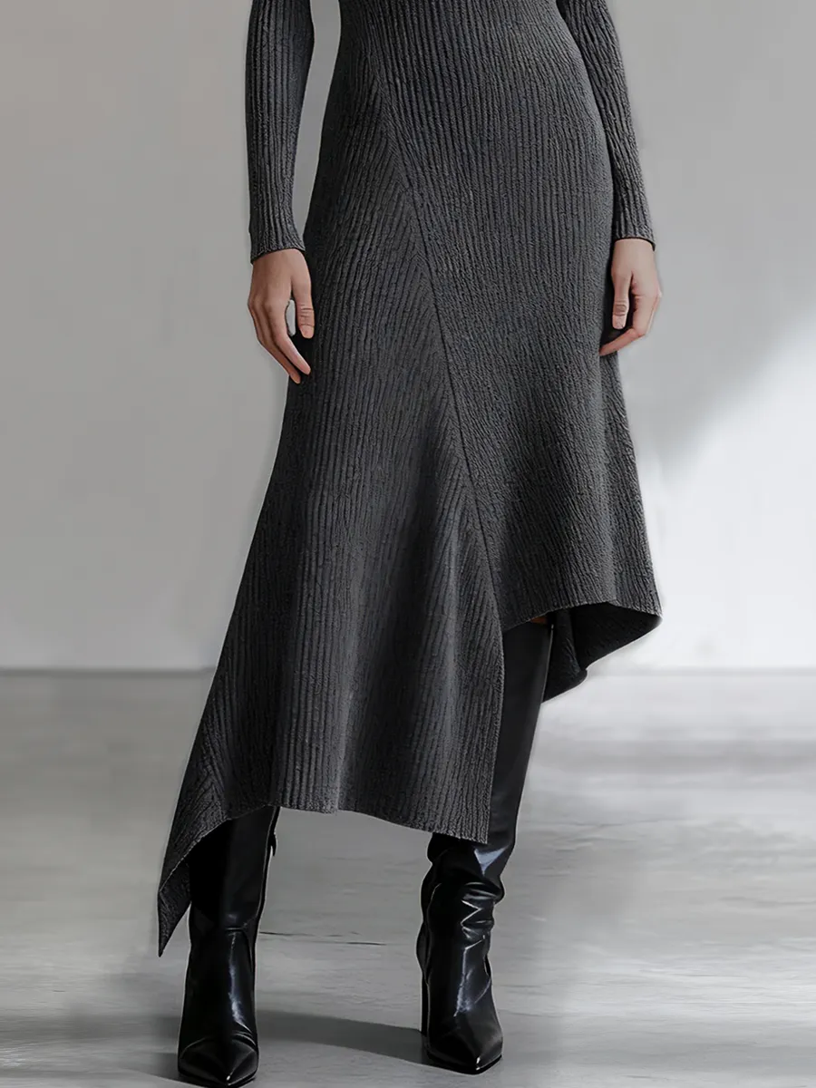 Casual Round Neck Long Sleeve Asymmetrical Hem Knitted Ribbed Maxi Dress sold by Oyrosy product image thumbnail 4