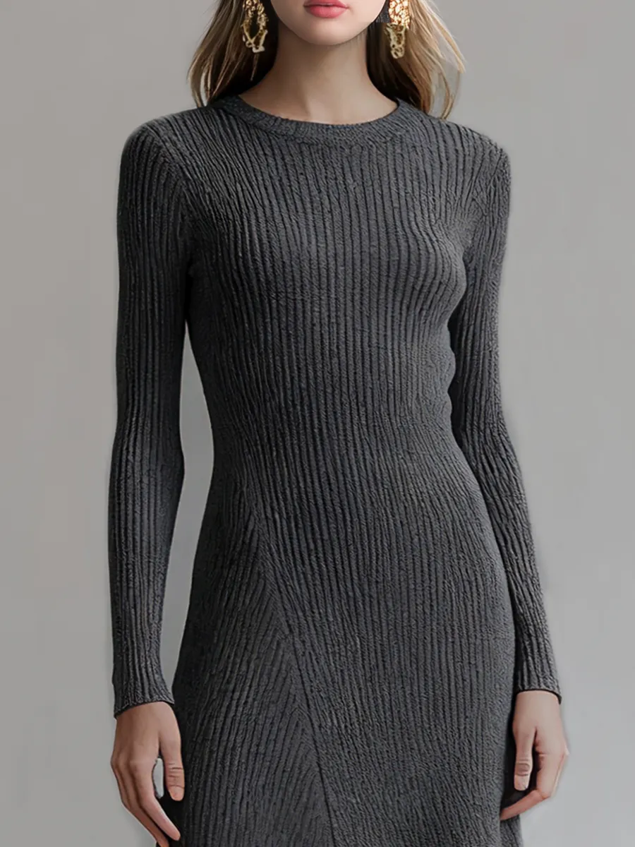 Casual Round Neck Long Sleeve Asymmetrical Hem Knitted Ribbed Maxi Dress sold by Oyrosy product image thumbnail 3