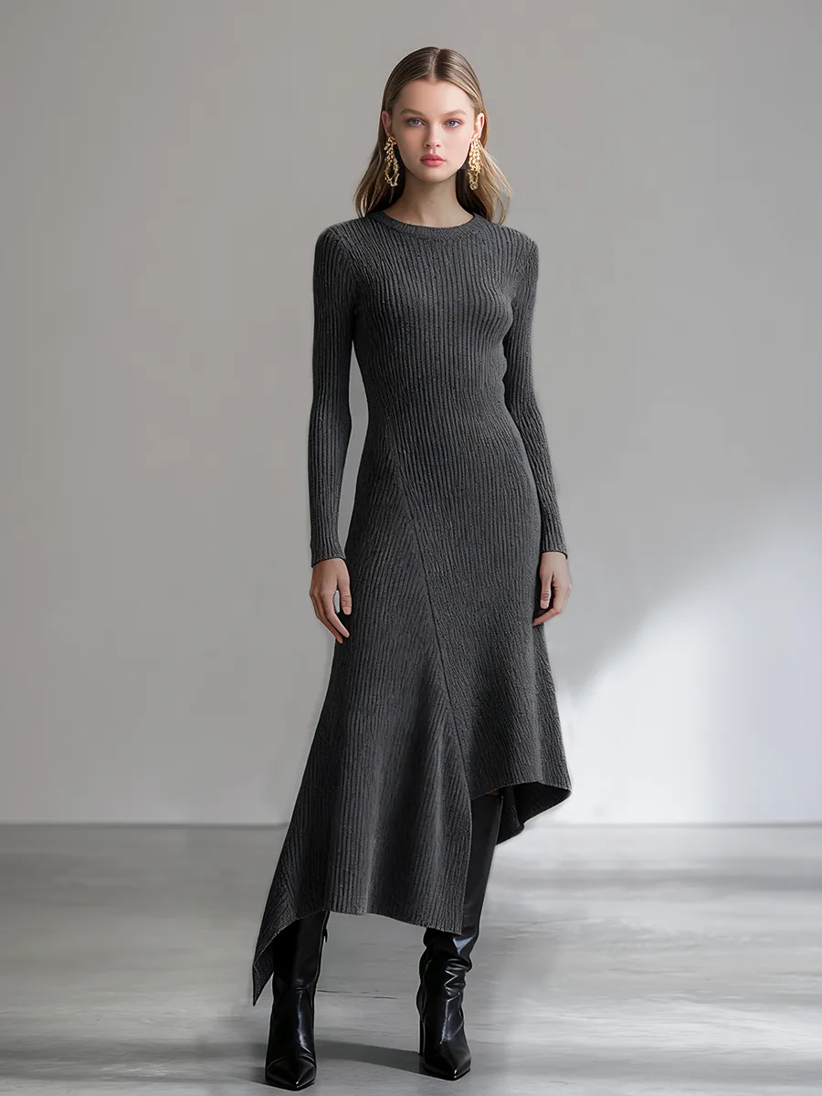 Casual Round Neck Long Sleeve Asymmetrical Hem Knitted Ribbed Maxi Dress sold by Oyrosy product image thumbnail 2