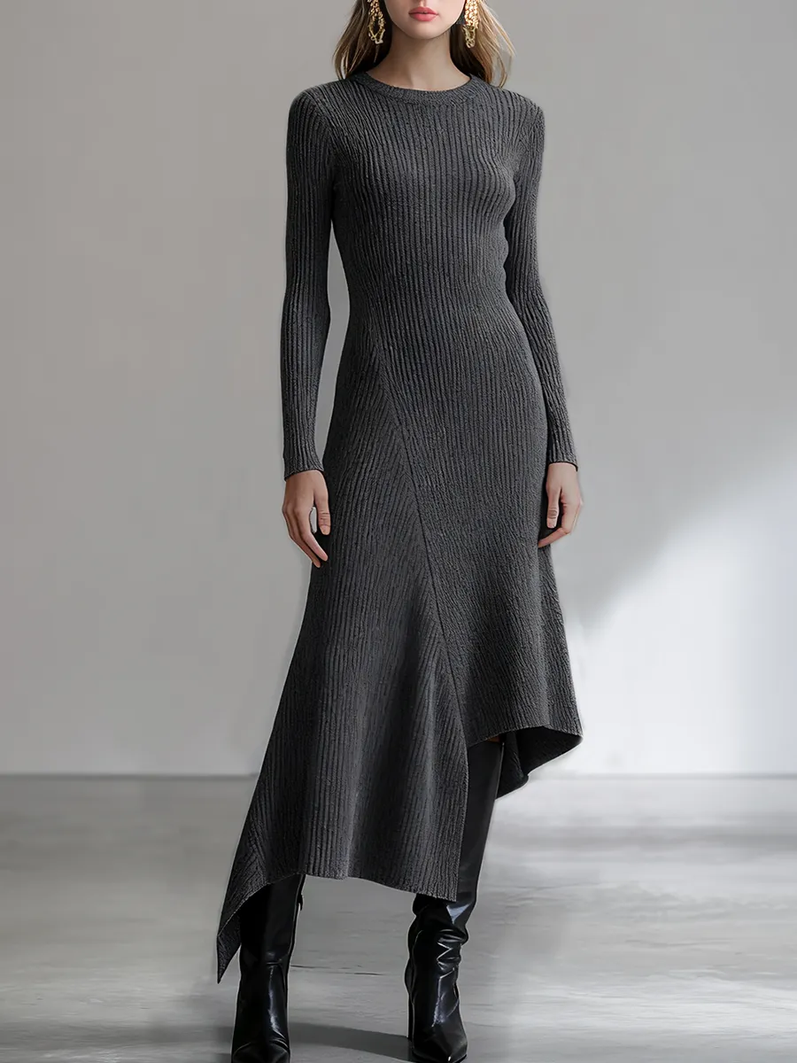 Casual Round Neck Long Sleeve Asymmetrical Hem Knitted Ribbed Maxi Dress sold by Oyrosy
