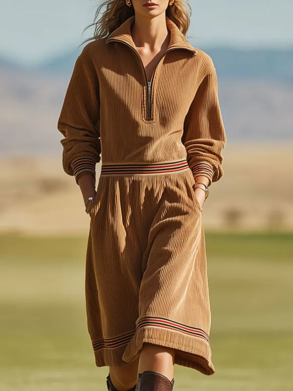 Sporty Retro Striped Half-zip Long-sleeved Camel Corduroy Mini Dress sold by Oyrosy