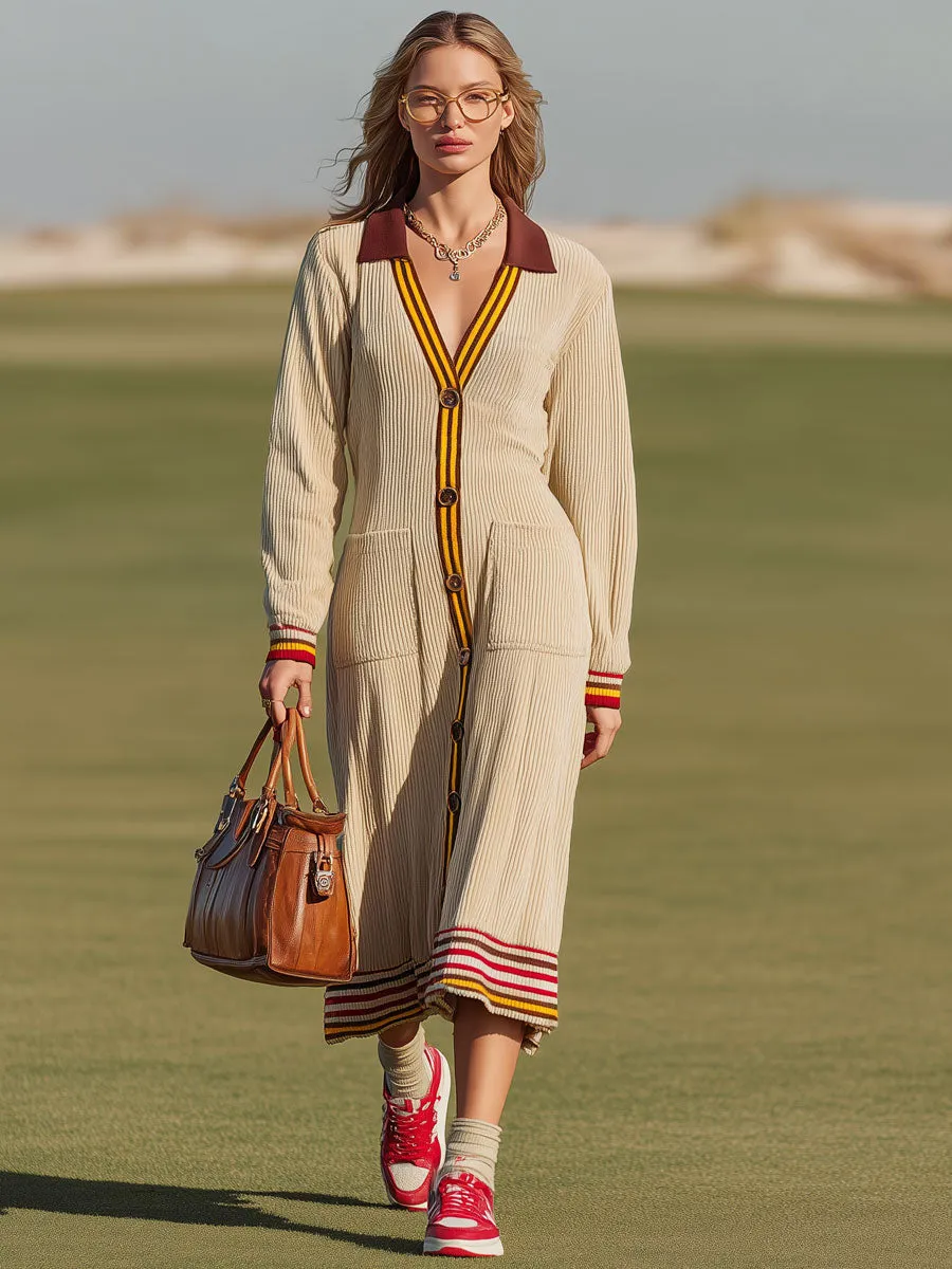 Sporty Retro Striped Trim Light Khaki Corduroy Long-sleeved Midi Dress sold by Oyrosy product image thumbnail 2