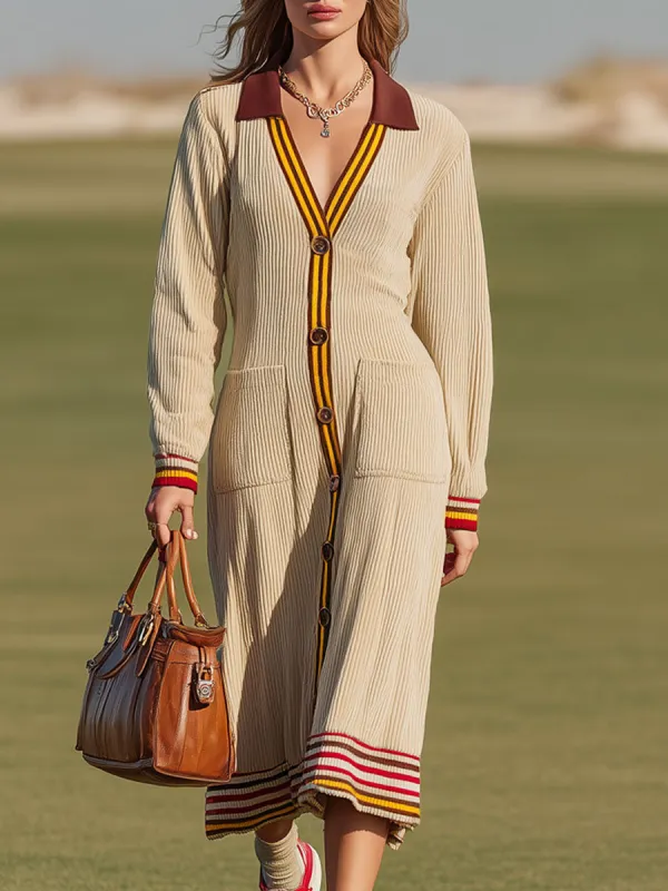 Sporty Retro Striped Trim Light Khaki Corduroy Long-sleeved Midi Dress sold by Oyrosy