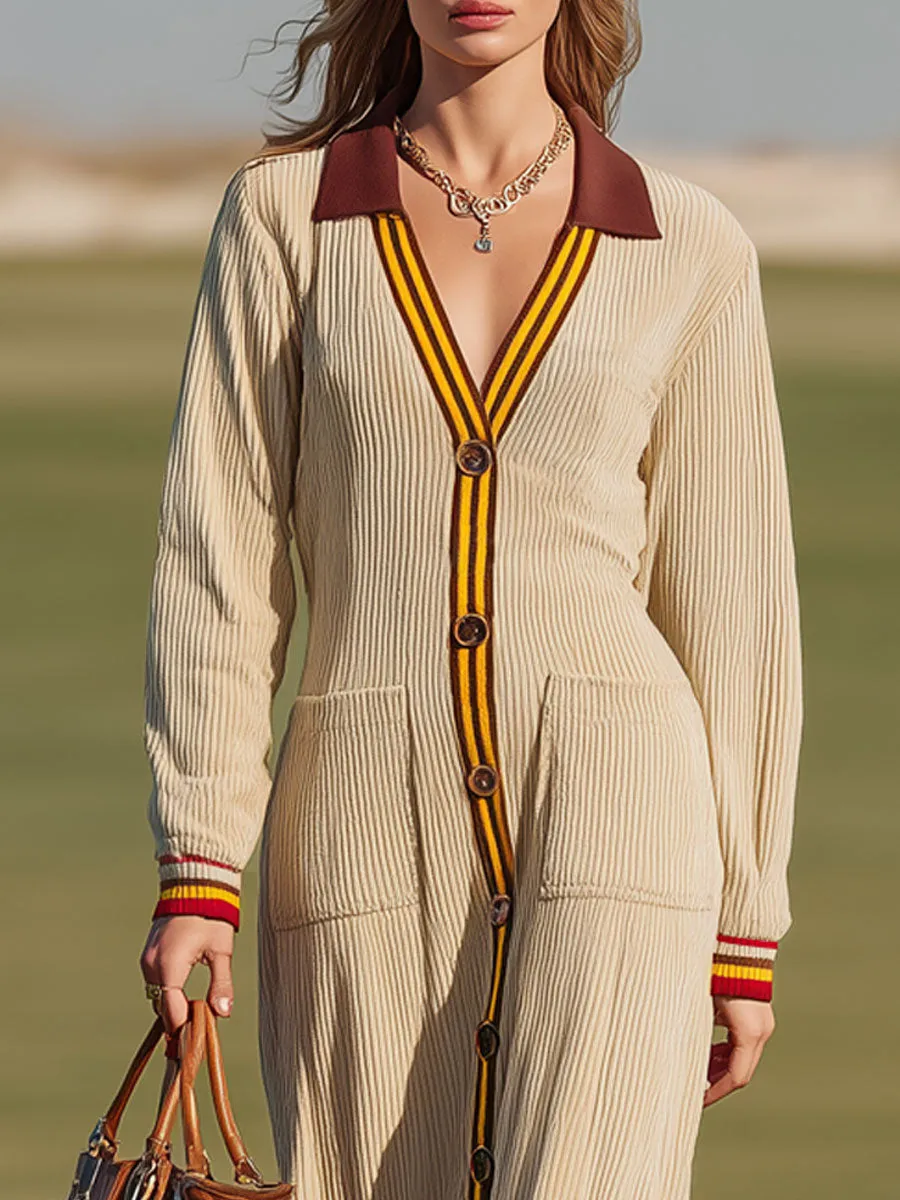 Sporty Retro Striped Trim Light Khaki Corduroy Long-sleeved Midi Dress sold by Oyrosy product image thumbnail 4