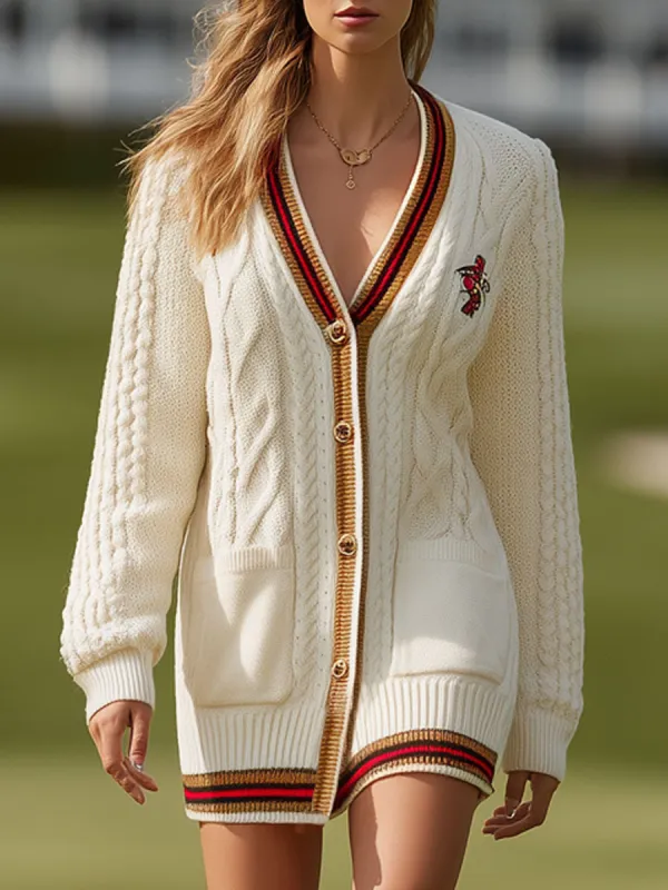 Fashionable Retro Embroidered Striped Cream White Cable Knit Cardigan Mini Dress sold by Oyrosy