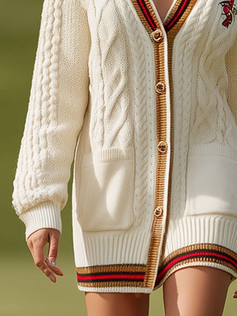 Fashionable Retro Embroidered Striped Cream White Cable Knit Cardigan Mini Dress sold by Oyrosy product image thumbnail 4