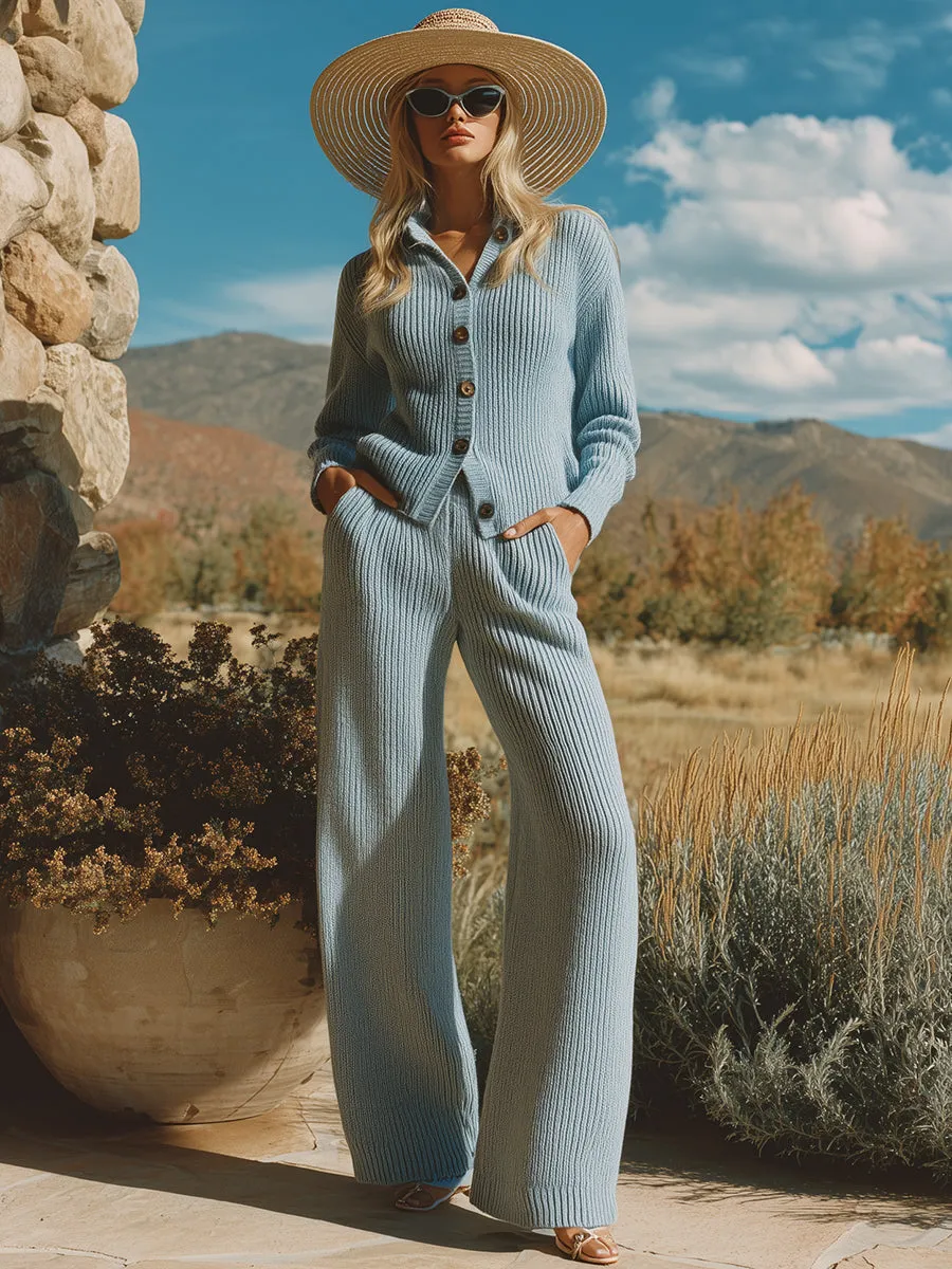 Stylish And Casual Light Blue Knitted Cardigan And Trousers Set sold by Oyrosy product image thumbnail 2