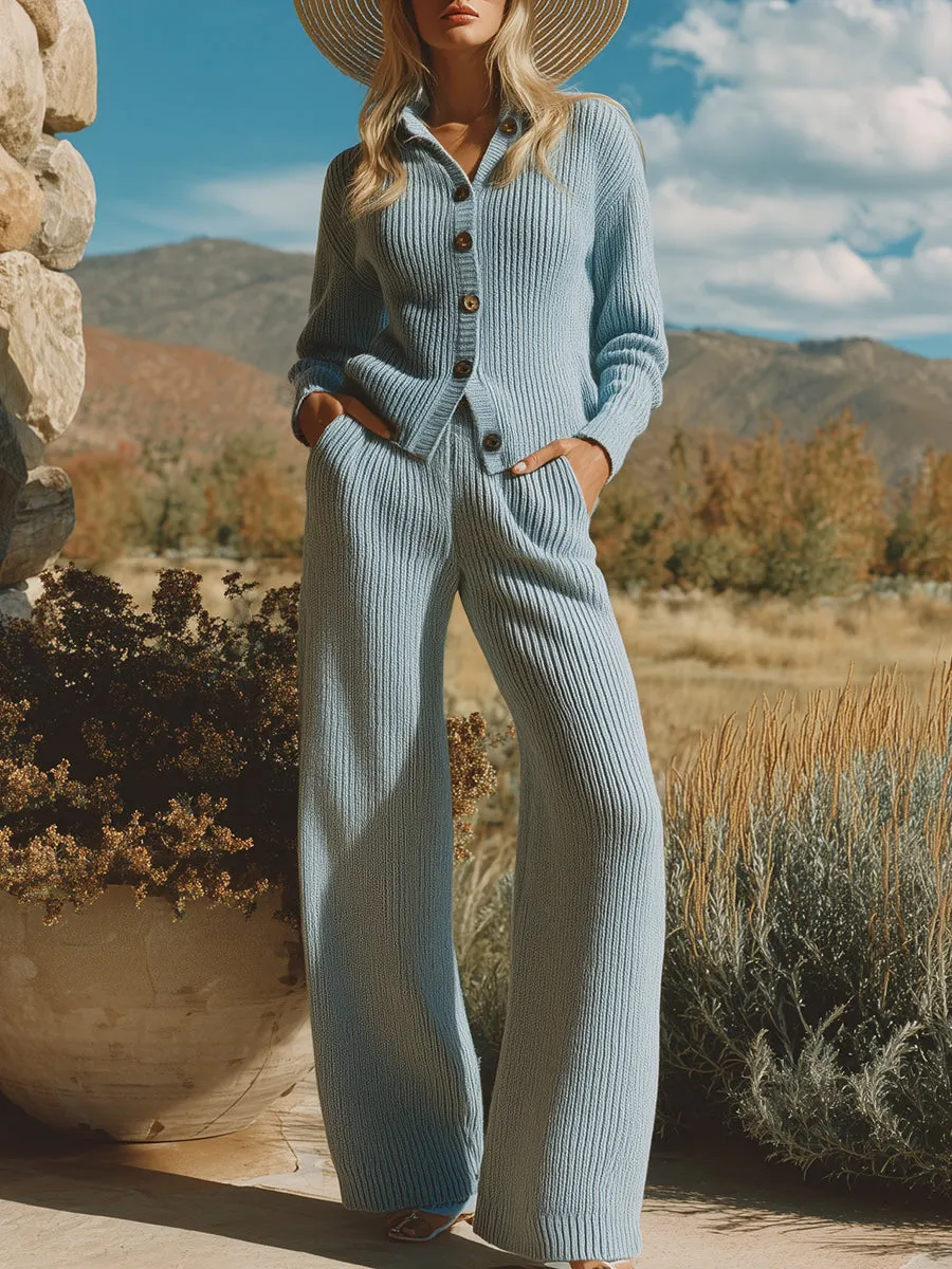 Stylish And Casual Light Blue Knitted Cardigan And Trousers Set sold by Oyrosy