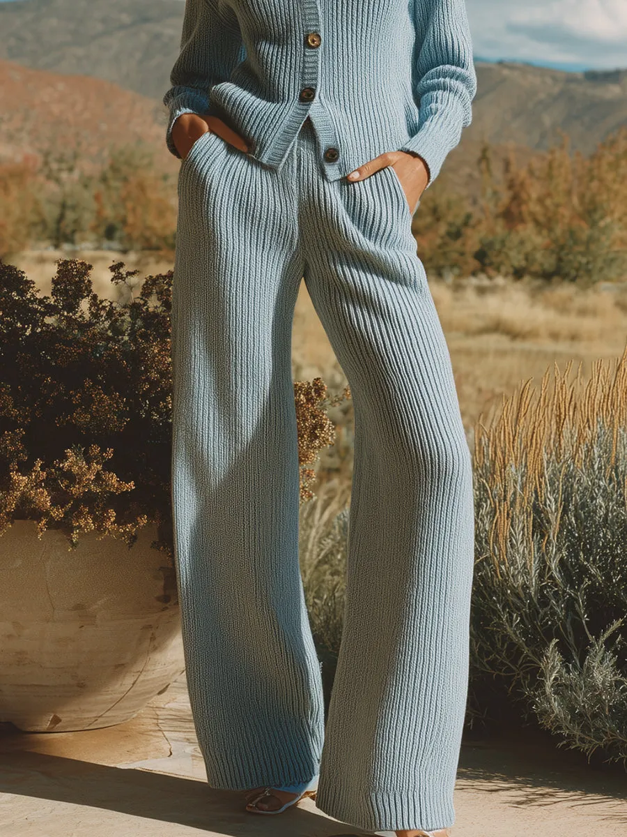 Stylish And Casual Light Blue Knitted Cardigan And Trousers Set sold by Oyrosy product image thumbnail 4