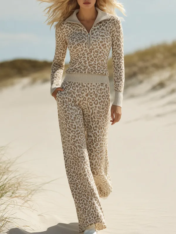 Stylish And Casual Khaki Leopard Print Beige Knit Trouser Set sold by Oyrosy