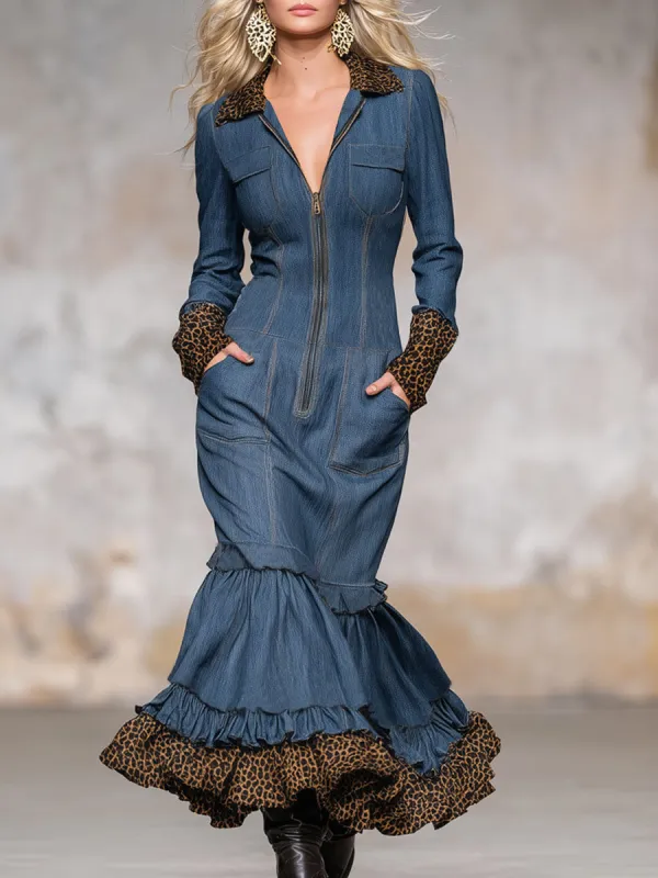 Retro-style Denim Patchwork Leopard Print Zipper Maxi Dress sold by Oyrosy