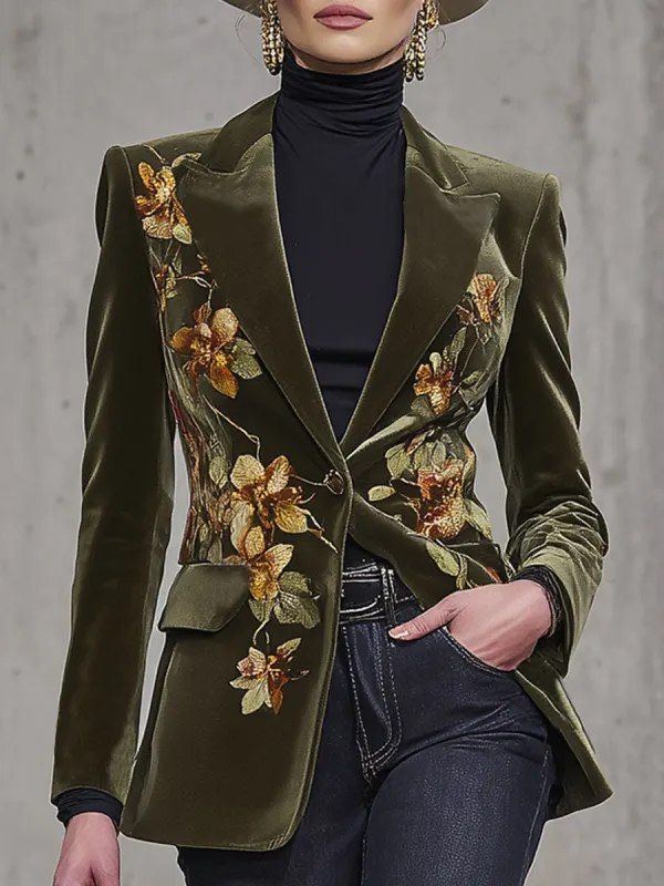 Retro-style Floral Print Velvet Blazer sold by Oyrosy
