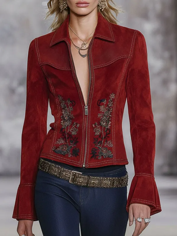 Western-style Lapel Zipper Floral Embroidered Faux Suede Jacket sold by Oyrosy
