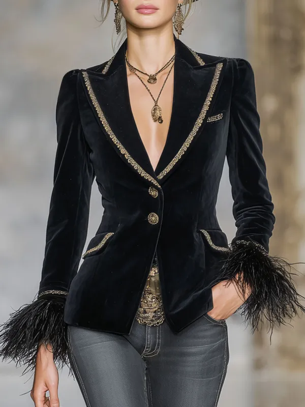 Elegant Lapel Color-blocked Webbing Feather Velvet Blazer sold by Oyrosy