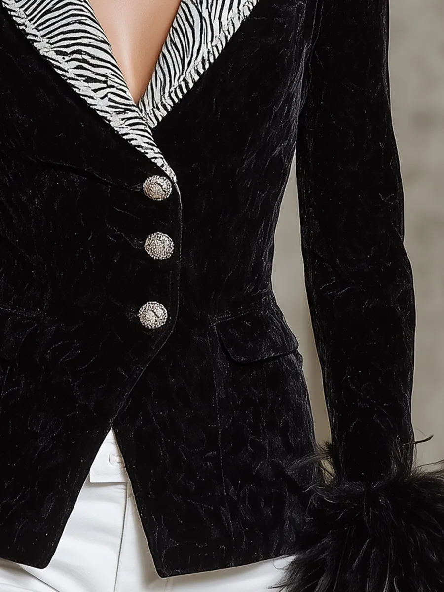Retro Black Velvet Collar Zebra Print Cuffs Fur Blazer sold by Oyrosy product image thumbnail 3