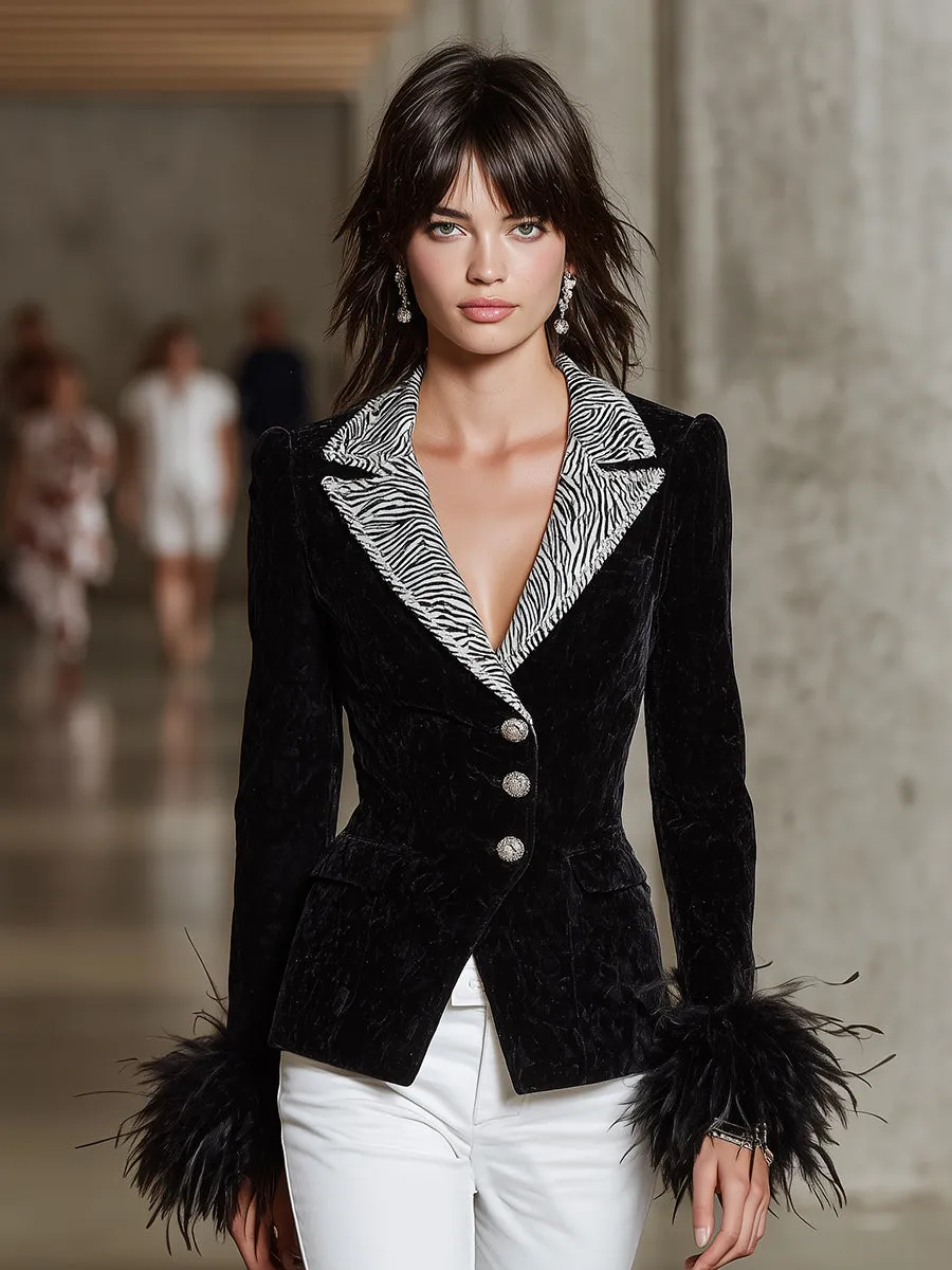 Retro Black Velvet Collar Zebra Print Cuffs Fur Blazer sold by Oyrosy product image thumbnail 2