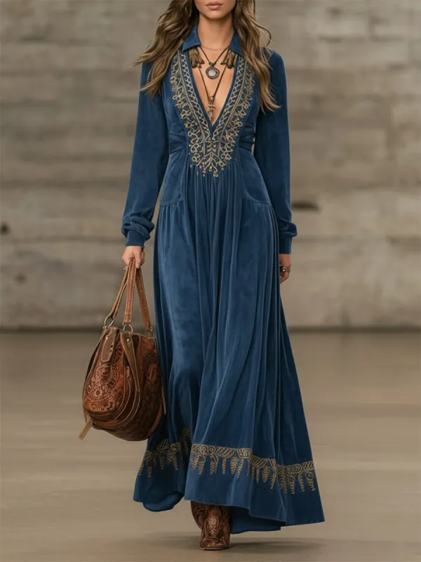 Western-style Faux Suede V-neck Embroidered Maxi Dress sold by Oyrosy
