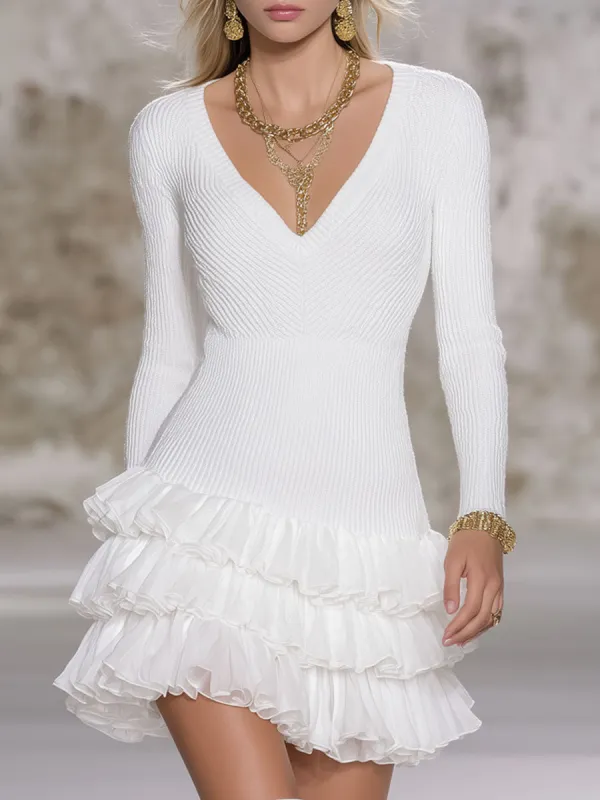 Fitted V-neck Ruffled Long-sleeved Knit Mini Dress sold by Oyrosy