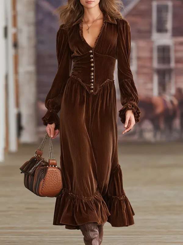 Western Brown Corduroy V-neck Ruffle Maxi Dress sold by Oyrosy
