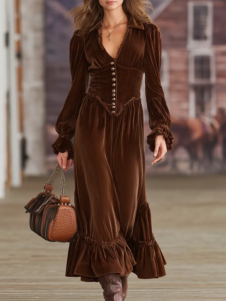 Western Brown Corduroy V-neck Ruffle Maxi Dress sold by Oyrosy