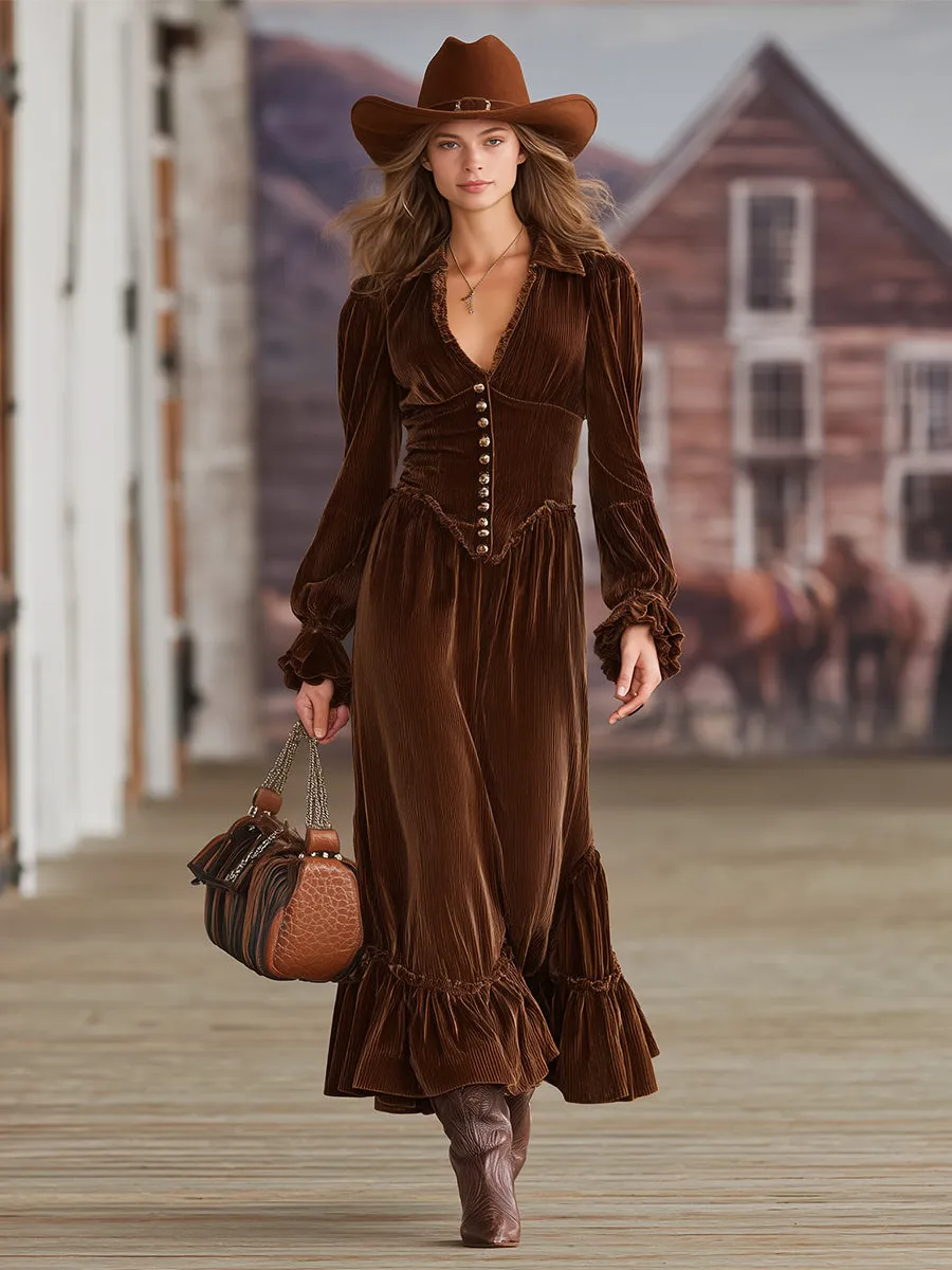 Western Brown Corduroy V-neck Ruffle Maxi Dress sold by Oyrosy product image thumbnail 2